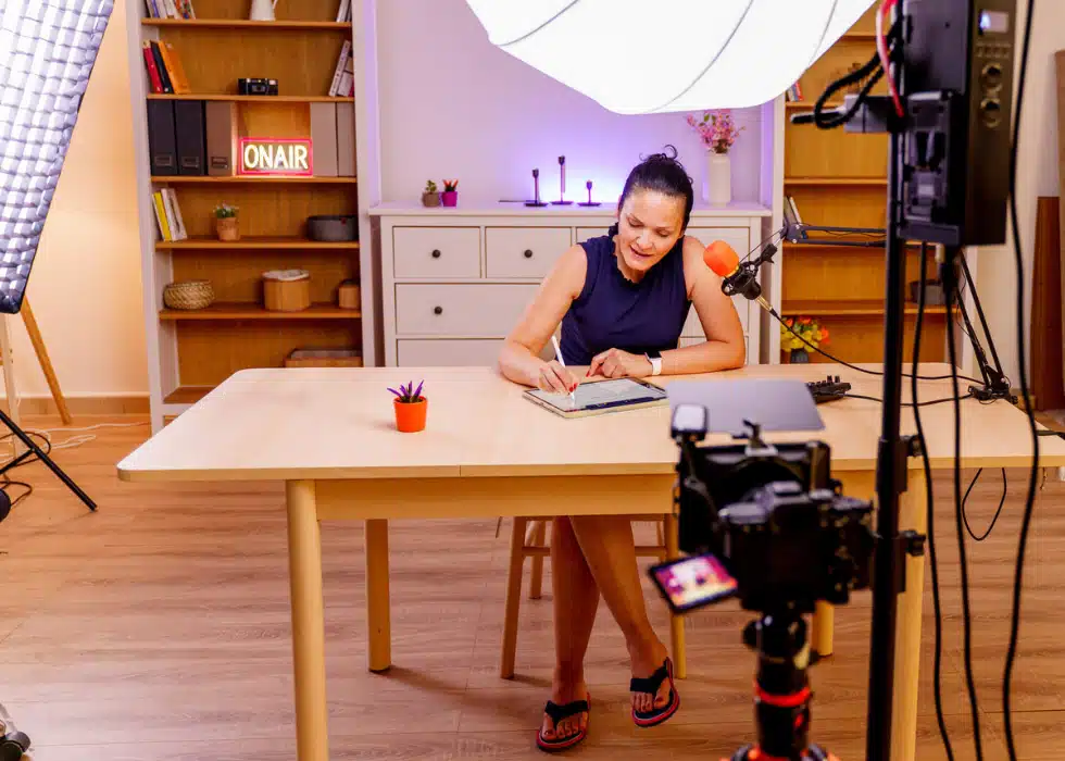 women sitting at desk writing and being recorded with broadcast AV